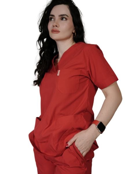 Kırmızı Kadın Kısa Kol Cerrahi Forma