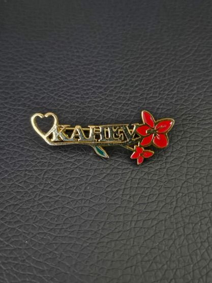 KAHEV Altın Rengi Broş Kırmızı Çiçek