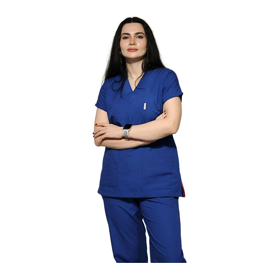 Saks Mavisi Yarasa Kol Kadın Cerrahi Forma