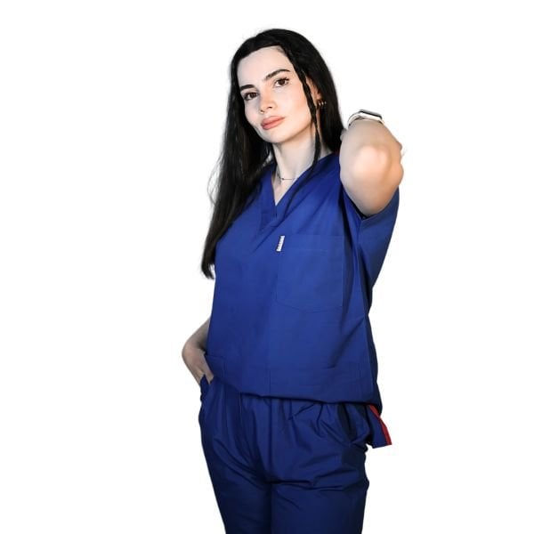 Saks Mavisi Yarasa Kol Kadın Cerrahi Forma